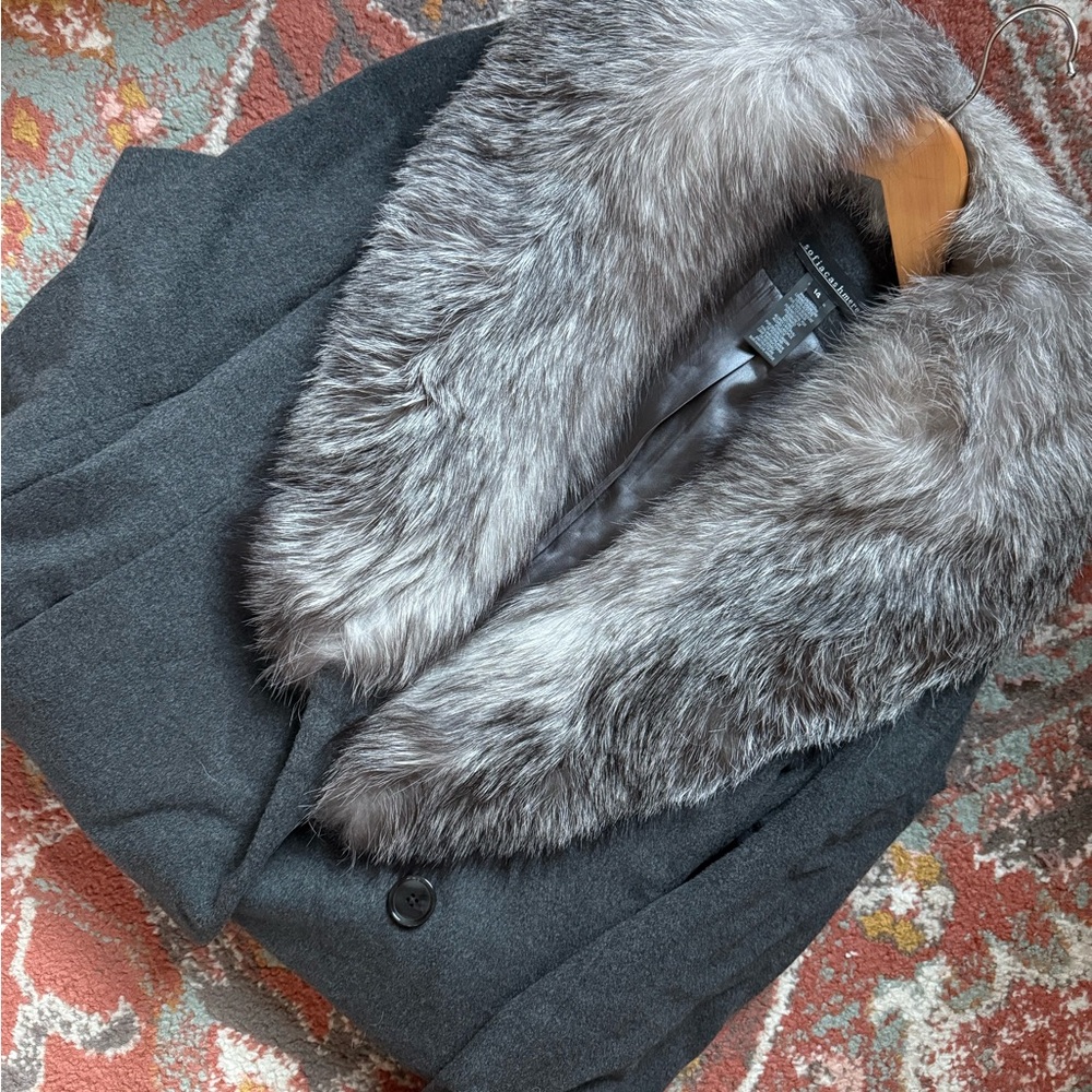 Sofia Cashmere Charcoal Coat with Fox Fur Trim NWOT
